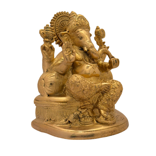 Brassaura™ Brass Golden Ganesha in Blessing Posture with Mooshak – Height 8.27 inches | Weight 2.7 kgs