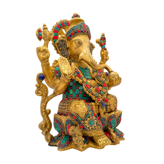 Brassaura™ Gemstone-Embellished Brass Ganesha for Home & Temple Décor | Height 13 Inches & Weight 7 Kgs