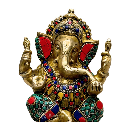 Brassaura™ Gemstone-Inlaid Brass Ganesha Murti for Home & Temple Décor | Height 5.9 Inches & Weight 1.5 Kgs