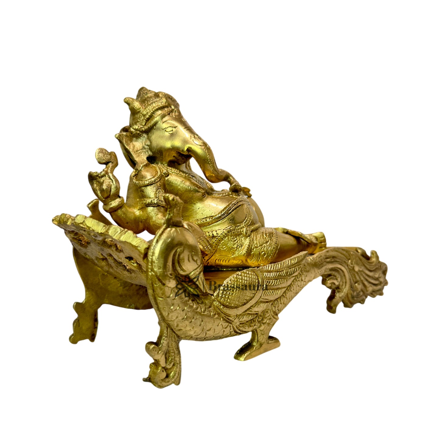 Brassaura™ Large Brass Ganesha Idol on Designer Peacock Couch – Height 2.95 inches | Weight 4 kgs