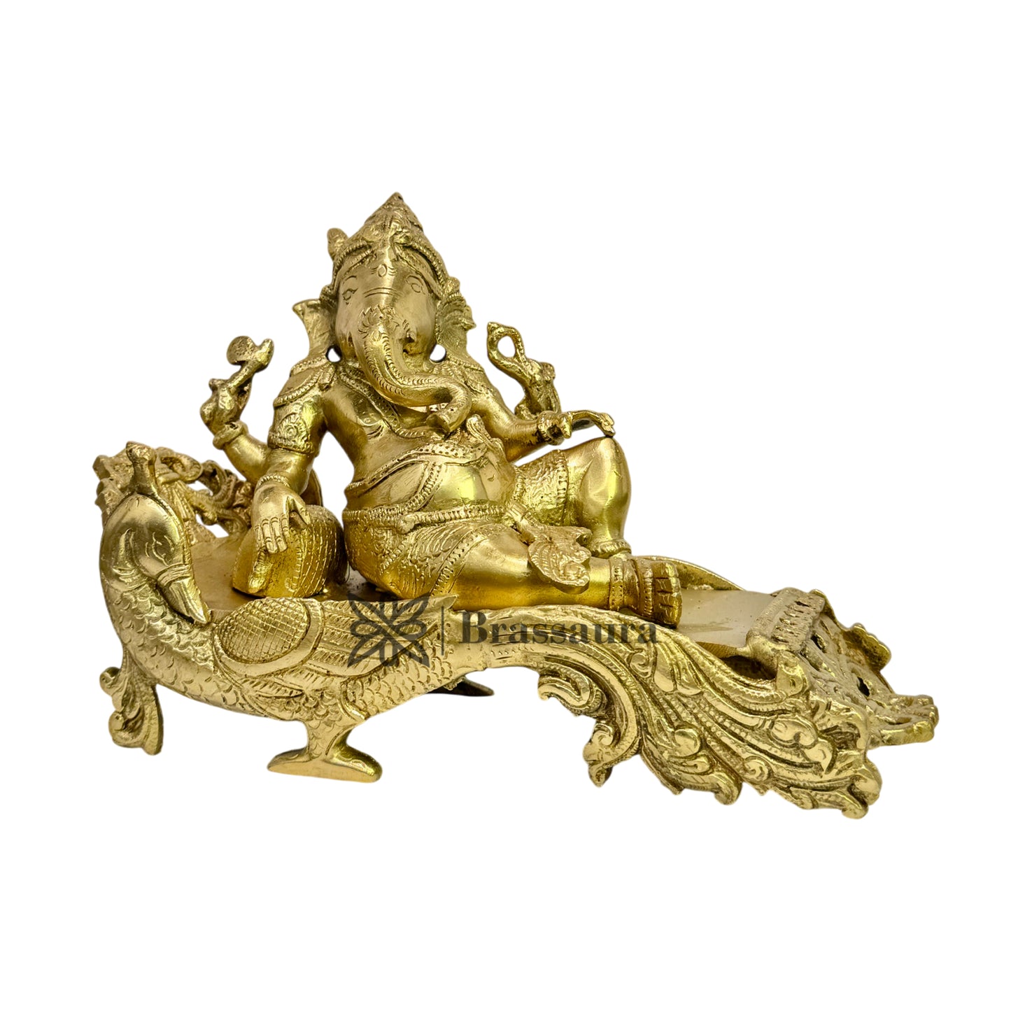 Brassaura™ Large Brass Ganesha Idol on Designer Peacock Couch – Height 2.95 inches | Weight 4 kgs