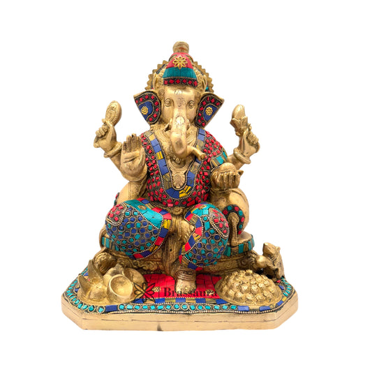 Brassaura™ Brass Gem Stone Work Ganesha Statue | Height 13.7 Inches & Weight 9 Kgs