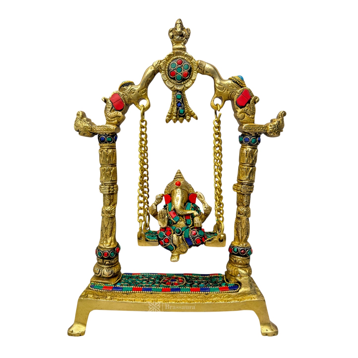 Brass Gem Stone Work Ganesha Jhula Statue For Home Decor Weight 2.5 Kg And Height 40 Cm