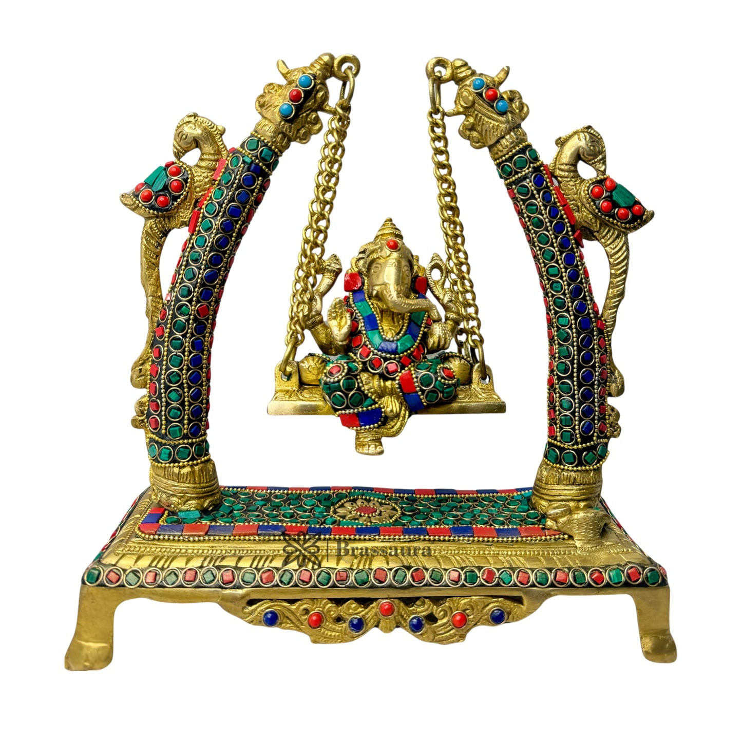 Brass Gem Stone Work Ganesha Jhula Statue For Home Decor Weight 3.3 Kg And Height 28 Cm