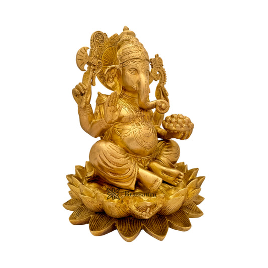 Brassaura™ Brass Lotus Ganesha Murti – Height 11.81 inches | Weight 8 kgs