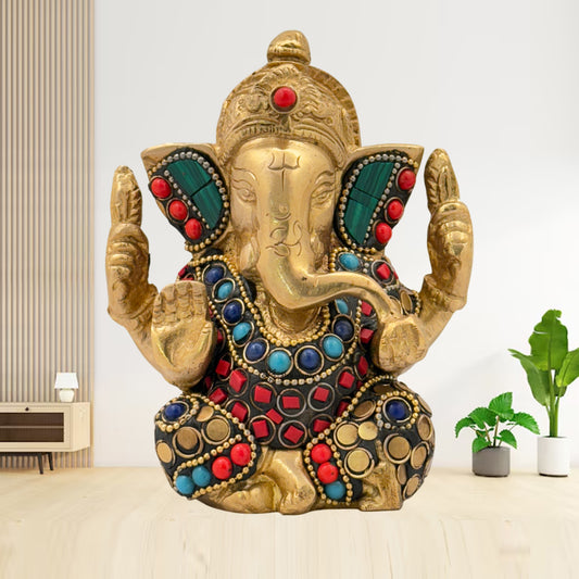 Brass Gem Stone Work Appu Ganesha Statue for Home Decor Weight 860 Gram Height 16 cm