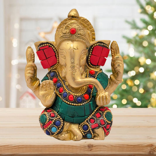 Brass Gem Stone Work Appu Ganesha Statue for Home Decor Weight 860 Gram Height 16 cm