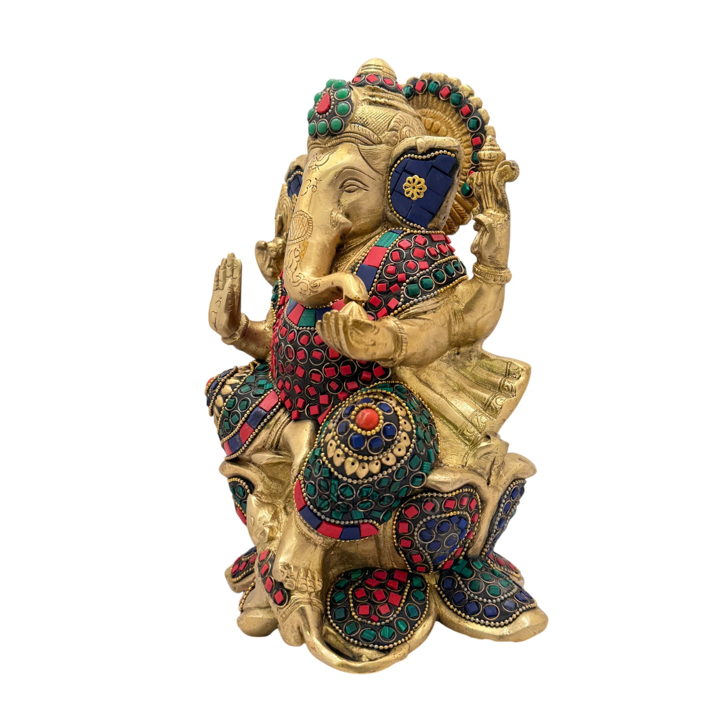 Brassaura™ Brass Multicolor Gemstone Ganesha Sitting on Lotus – Height 9.84 inches | Weight 4 kgs