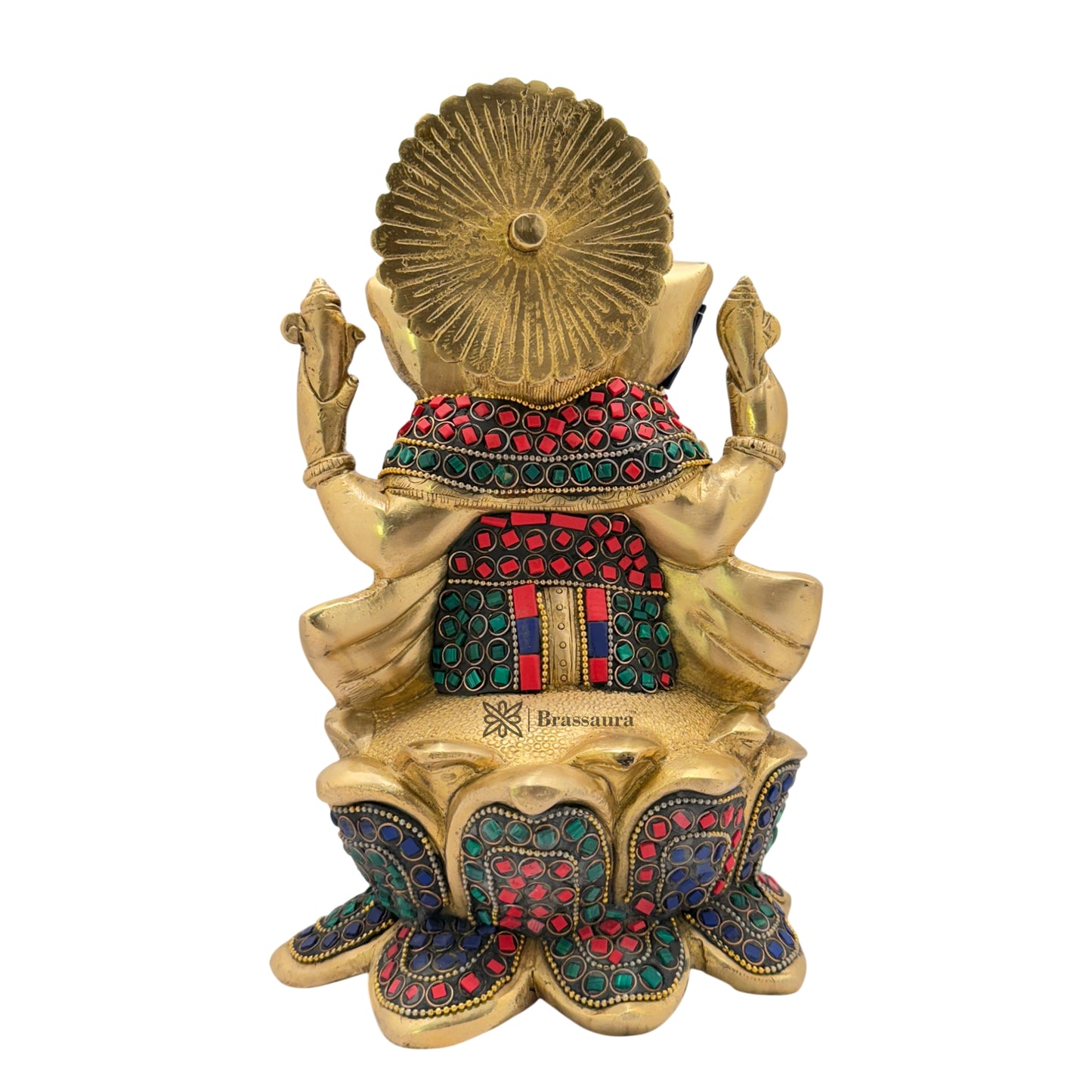 Brassaura™ Brass Multicolor Gemstone Ganesha Sitting on Lotus – Height 9.84 inches | Weight 4 kgs