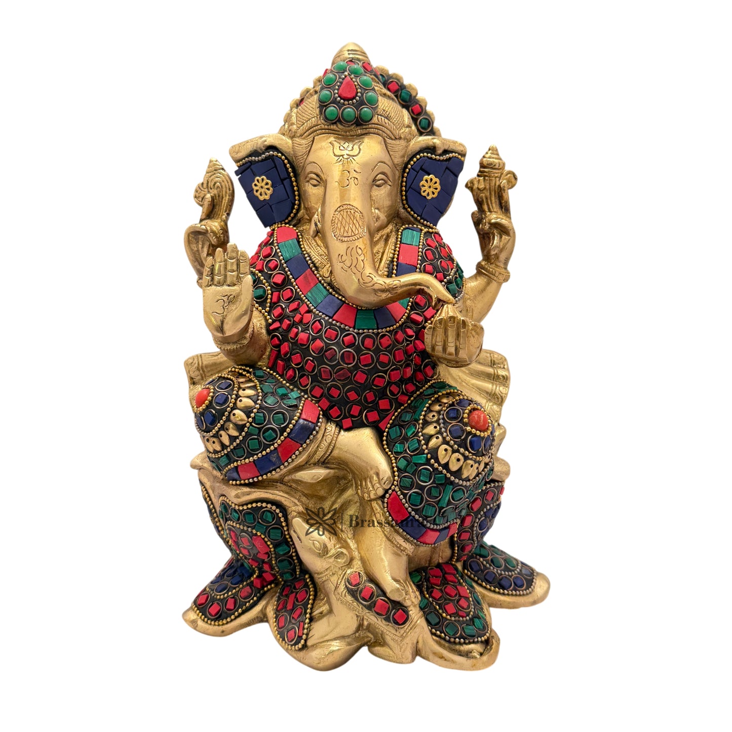 Brassaura™ Brass Multicolor Gemstone Ganesha Sitting on Lotus – Height 9.84 inches | Weight 4 kgs