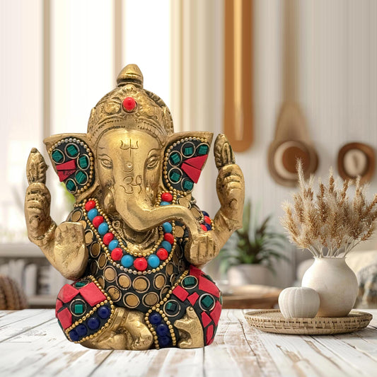 Brass Gem Stone Work Appu Ganesha Statue for Home Decor Weight 860 Gram Height 16 cm