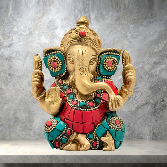 Brass Gem Stone Work Appu Ganesha Statue for Home Decor Weight 860 Gram Height 16 cm