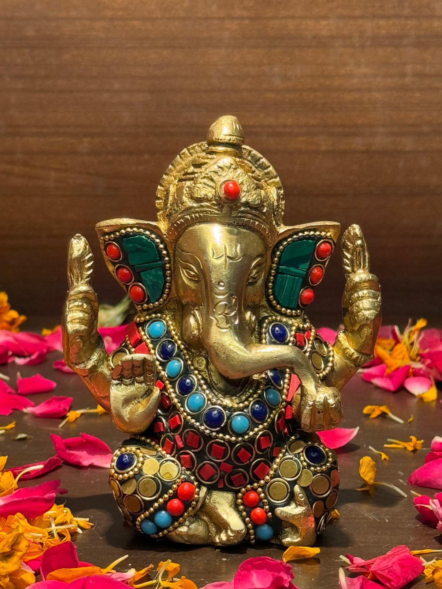 Brass Gem Stone Work Appu Ganesha Statue for Home Decor Weight 860 Gram Height 16 cm