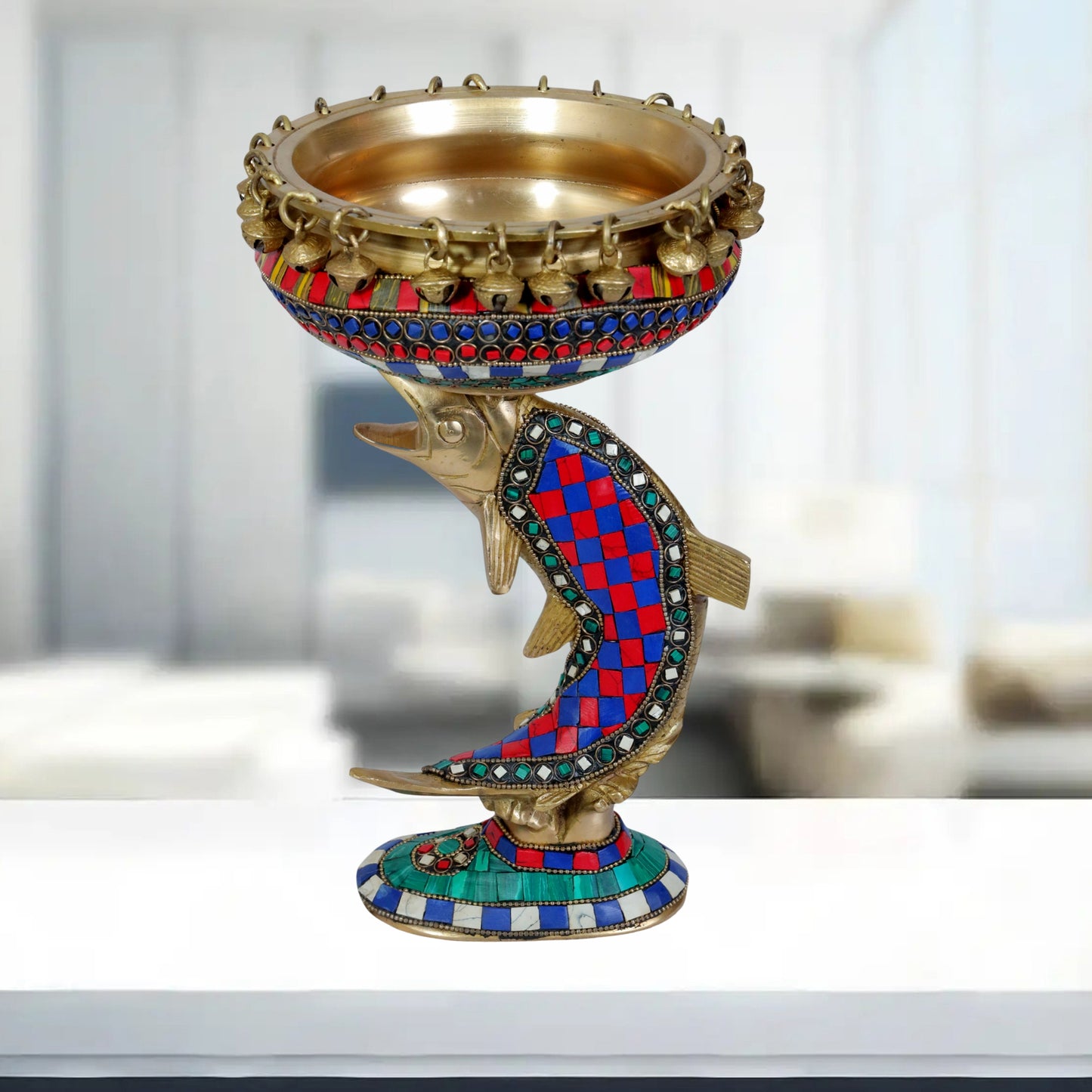 Brass Gem Stone Work Umi Urli Statue for Home and Decor Height 33 cm Weight 2.68 Kg