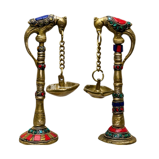 Brass Gem Stone Work Diya for Home and Decor Weight 1.15 Kg Height 21 cm