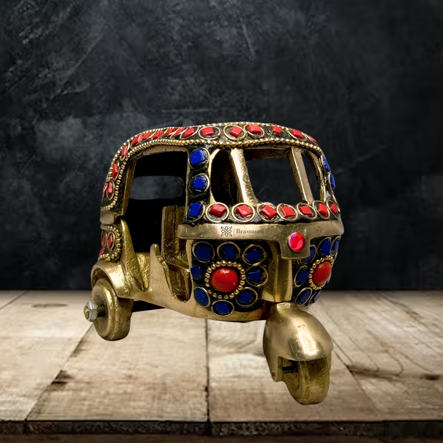 Brass Gem Stone Work Rickshaw for Home and Decor Weight .5 Kg Height 11 cm
