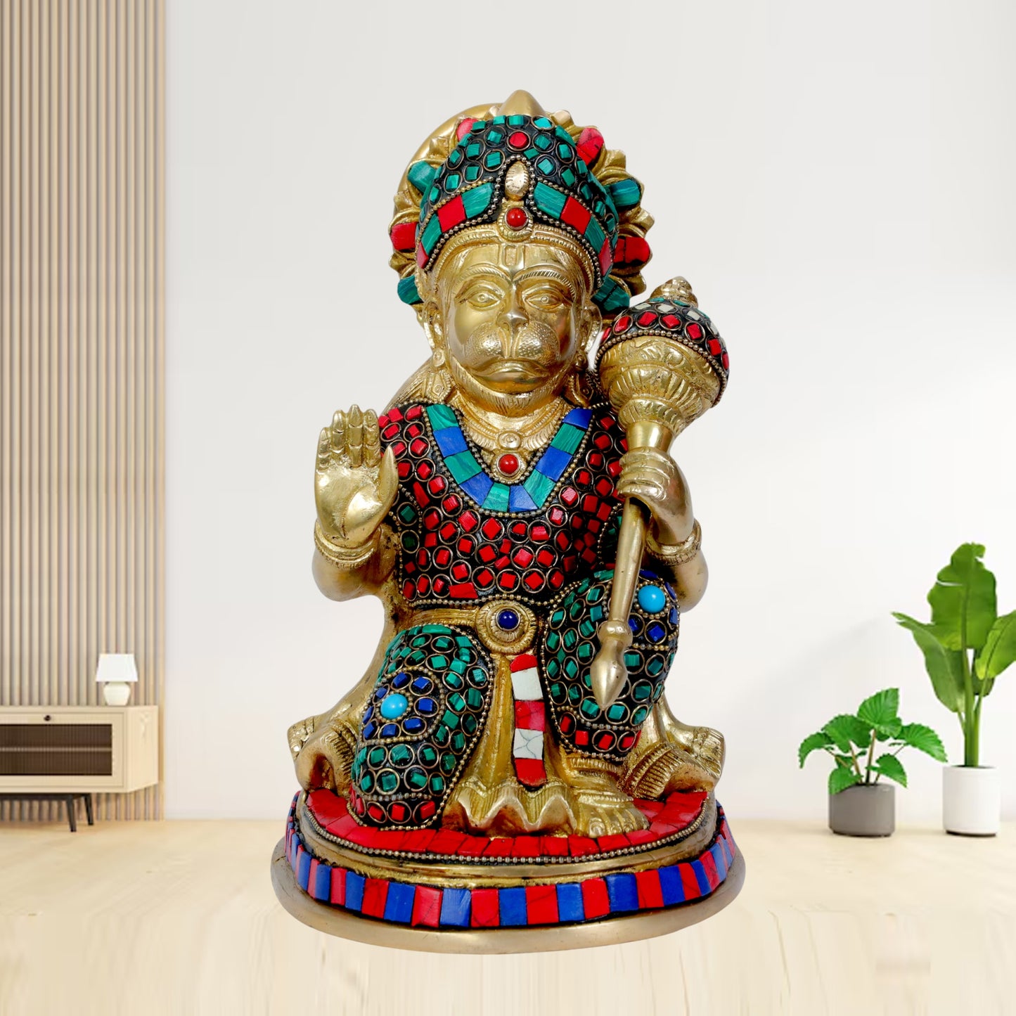 Brassaura™ Gemstone Crafted Brass Hanuman Murti – Height 9.2 Inches & Weight 3.4 Kgs | Temple Collection