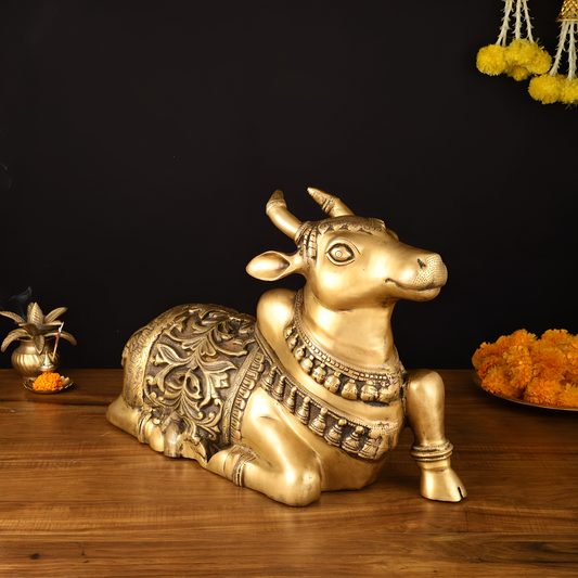 Brassaura™ Large Brass Superfine Nandi Sculpture – Height 14 Inches & Weight 15 Kgs | Handcrafted Devotional Idol
