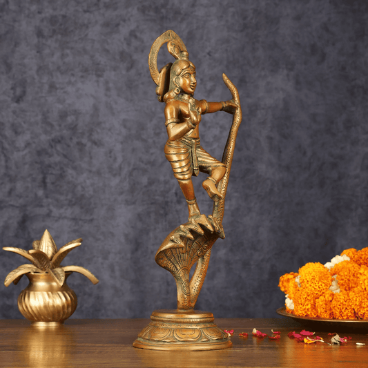 Brassaura™ Krishna Dancing on Kaliya Naag | Antique Brass Finish | Height 13.2 Inches & Weight 2.4 Kgs