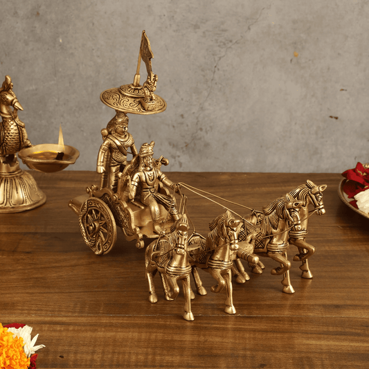 Brassaura™ Geeta Updesh Krishna and Arjun on Rath | Pure Brass Idol | Height 9.5 Inches & Weight 1.9 Kgs