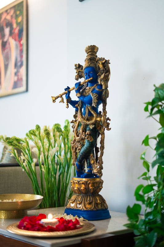 Brassaura™ Pure Brass Lord Krishna Playing Flute Idol – 29 Inch Height, 16 kg Weight | Handcrafted Statue with Natural Stones & Glossy Finish