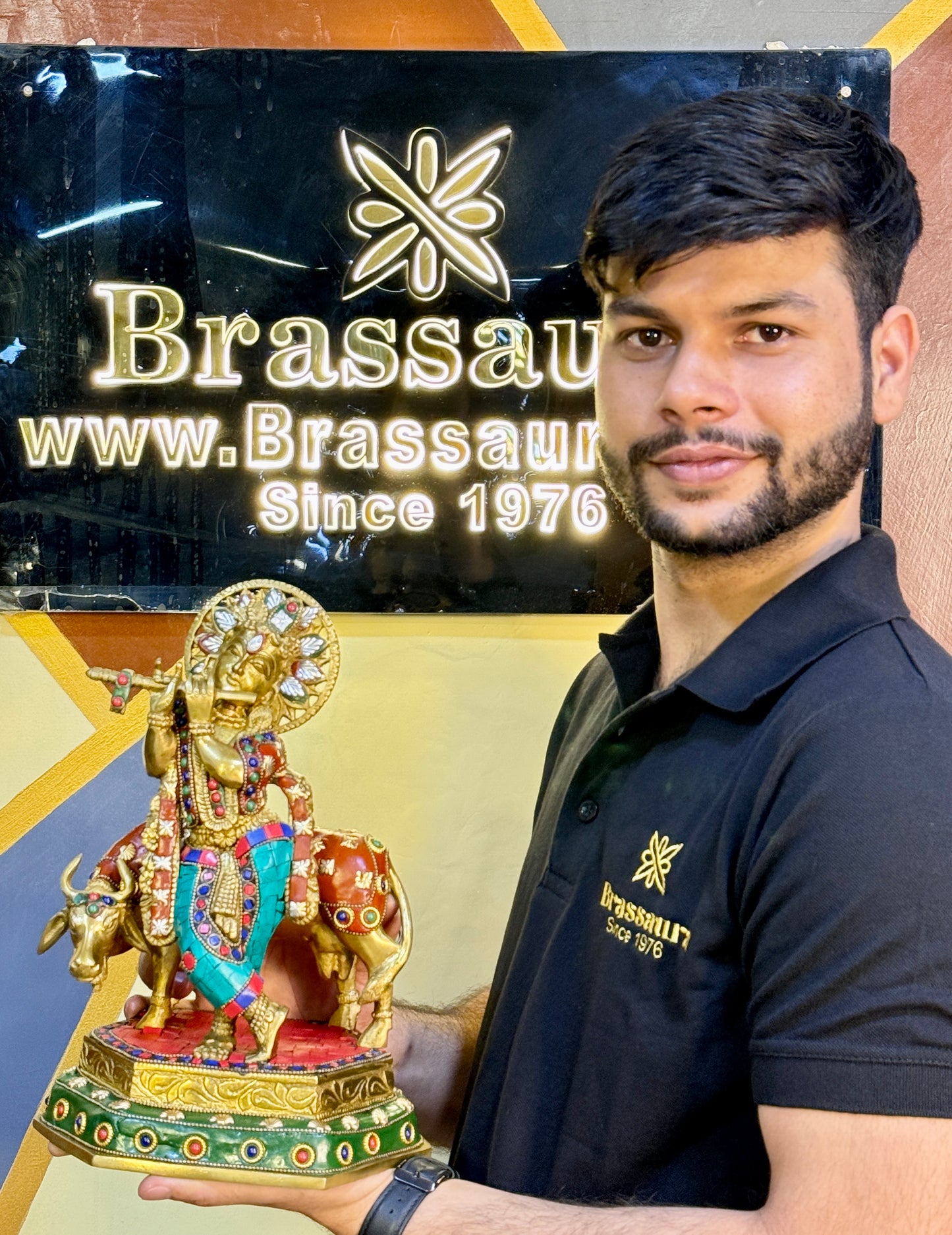 Brass Gem Stone Krishna Statue for Home and Decor Height 34 cm Weight 4.95 Kg