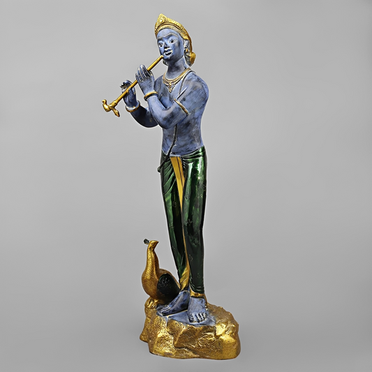 Brassaura® Murali Manohar Krishna Brass Statue with Peacock | Antique Blue & Gold Finish | Height 29 Inches