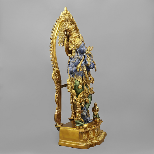 Brassaura® Vrindavan Venugopal Krishna Brass Statue with Prabhavali Arch | Antique Blue & Gold Finish | Height 32 Inches