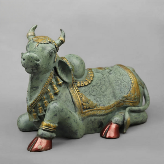 Brassaura® Verdant Kailash Nandi Brass Statue | Antique Green Temple Finish | Height 14 Inches
