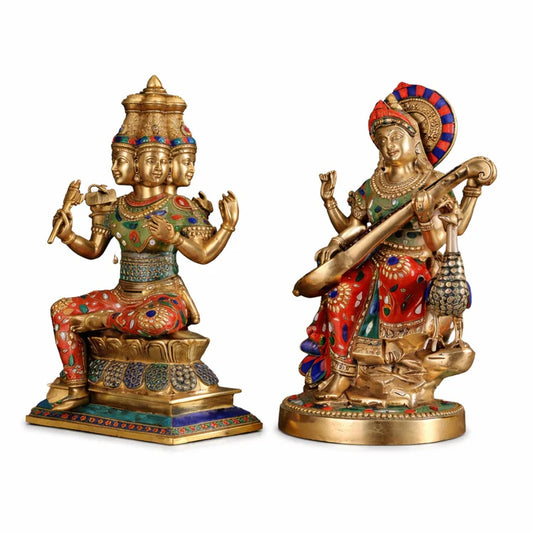 Brassaura® Superfine Brass Saraswati & Brahma Statue Pair | Height 15 Inches