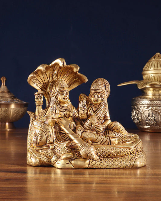 Brassaura™ Vishnu-Lakshmi Brass Statue on Sheshnag – 2.3kg, 6.5-Inch – Divine Blessings for Home Temple & Spiritual Decor