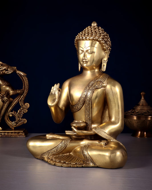Brass Gem Stone Work Blessing Buddha Statue Weight 5.5 kg & Height 12 Inch