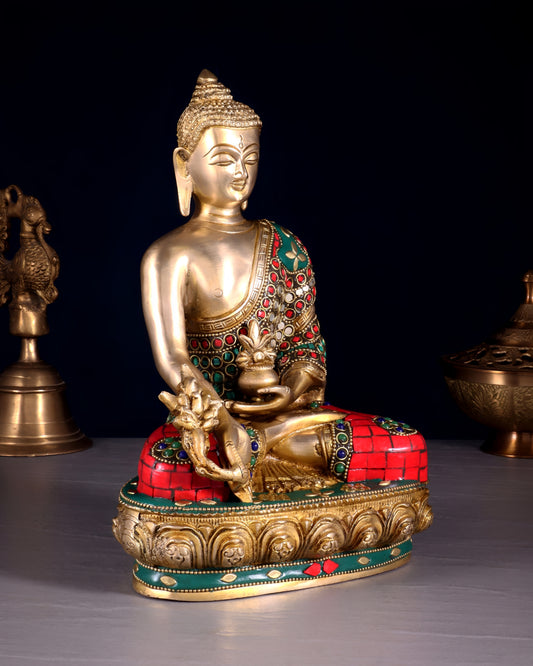 Brass Gem Stone Work Bhumisprasa Buddha Statue Weight 3.6 kg & Height 9.5 Inch