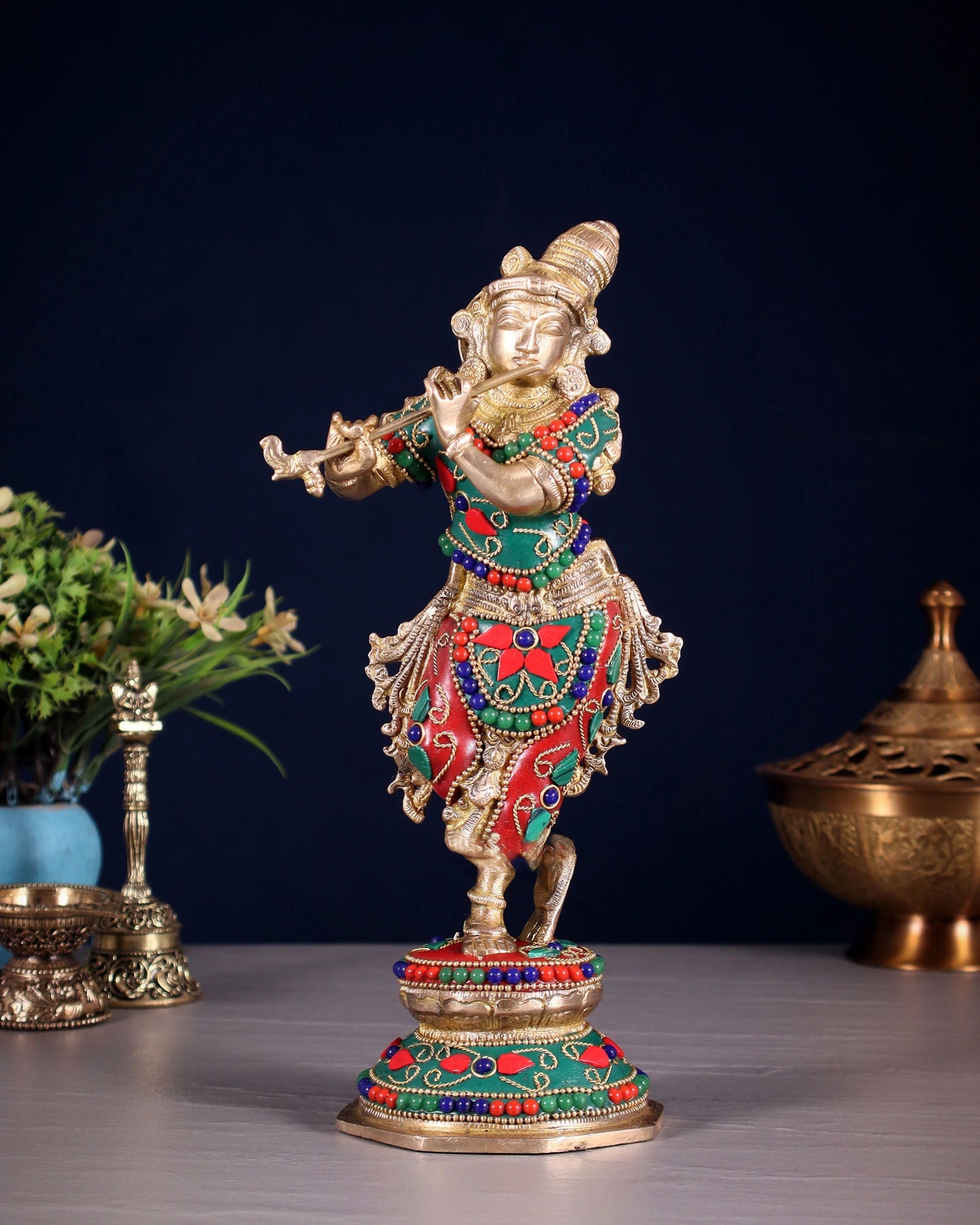 BrassAura™ Unique Brass Krishna Statue – Floral Stonework Design | Height 9.5 Inch | Weight 2 Kg