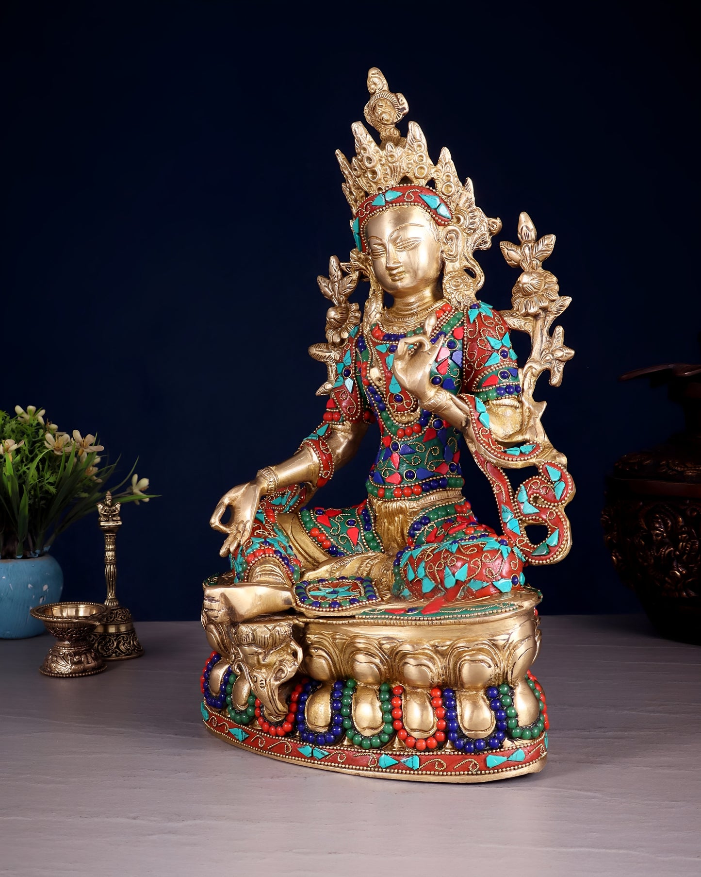 Brass Gem Stone Work Tara Weight 4.8 Kg & Height 14 Inch
