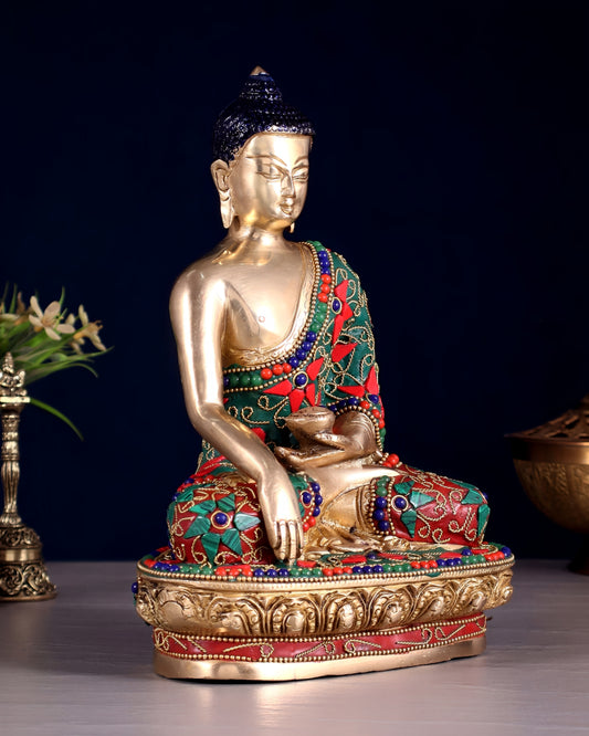 Brass Gem Stone Work Bhumisprasa Buddha Statue Weight 2.5 kg & Height 9 Inch