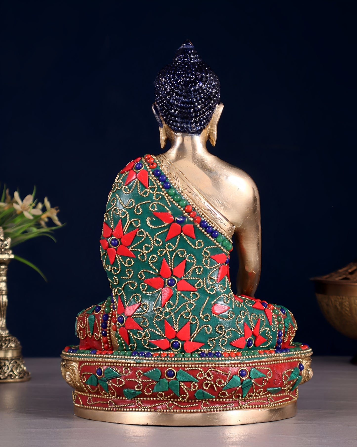 Brass Gem Stone Work Bhumisprasa Buddha Statue Weight 2.5 kg & Height 9 Inch