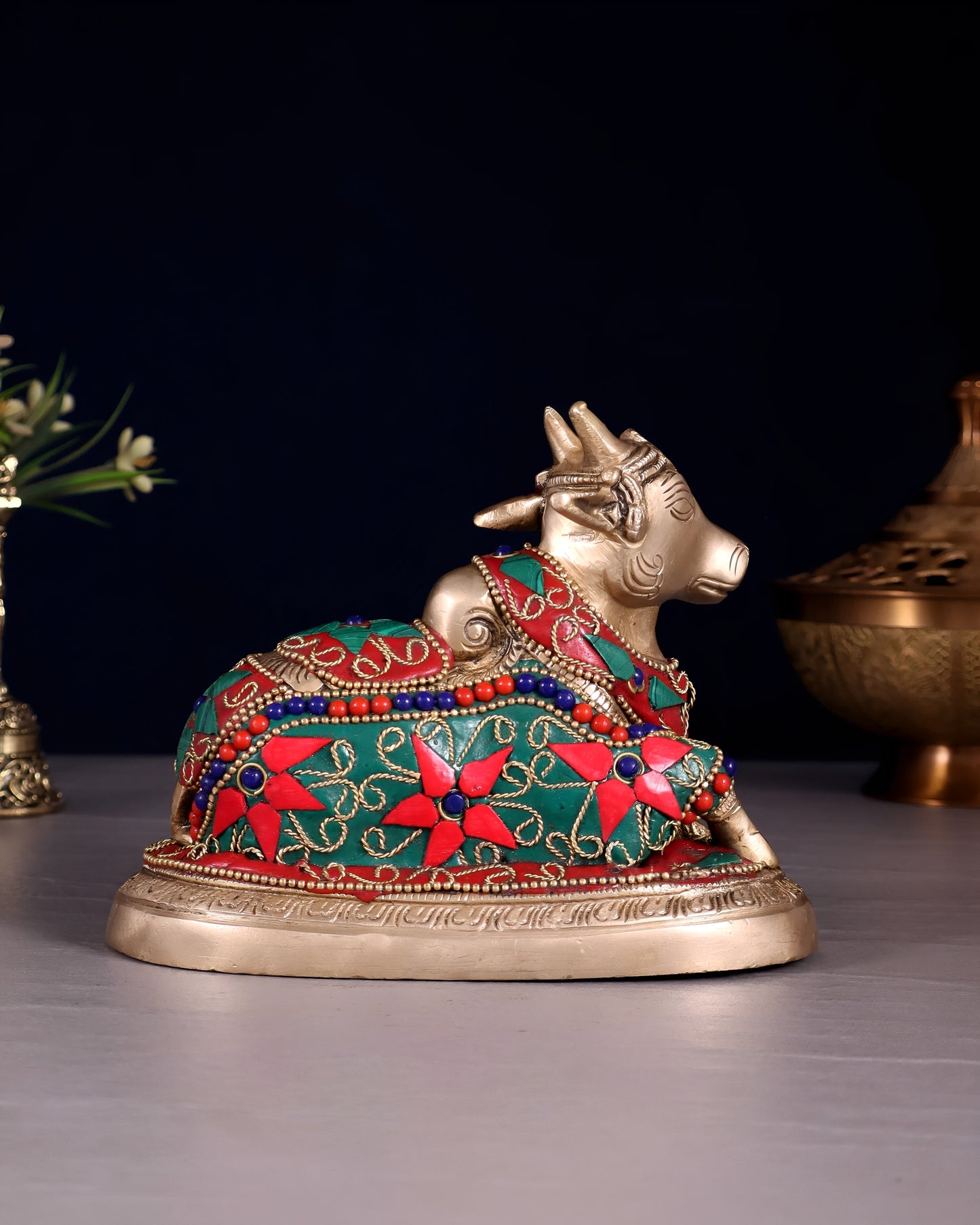 Brassaura™ Brass Superfine Nandi Bull Idol with Floral Stonework – Height 4.5" & Weight 2 Kgs