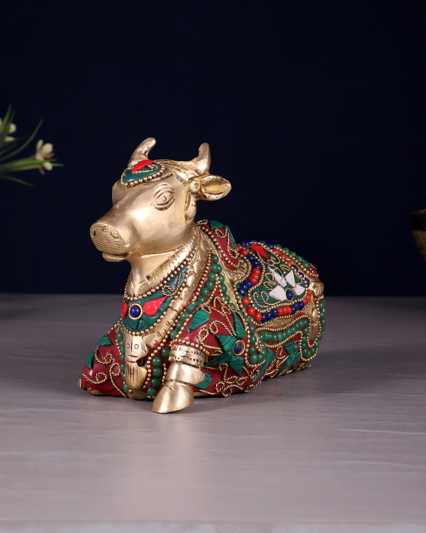 Brassaura™ Small Brass Nandi Idol with Floral Stonework – Height 4.5" & Weight 1.65 Kgs