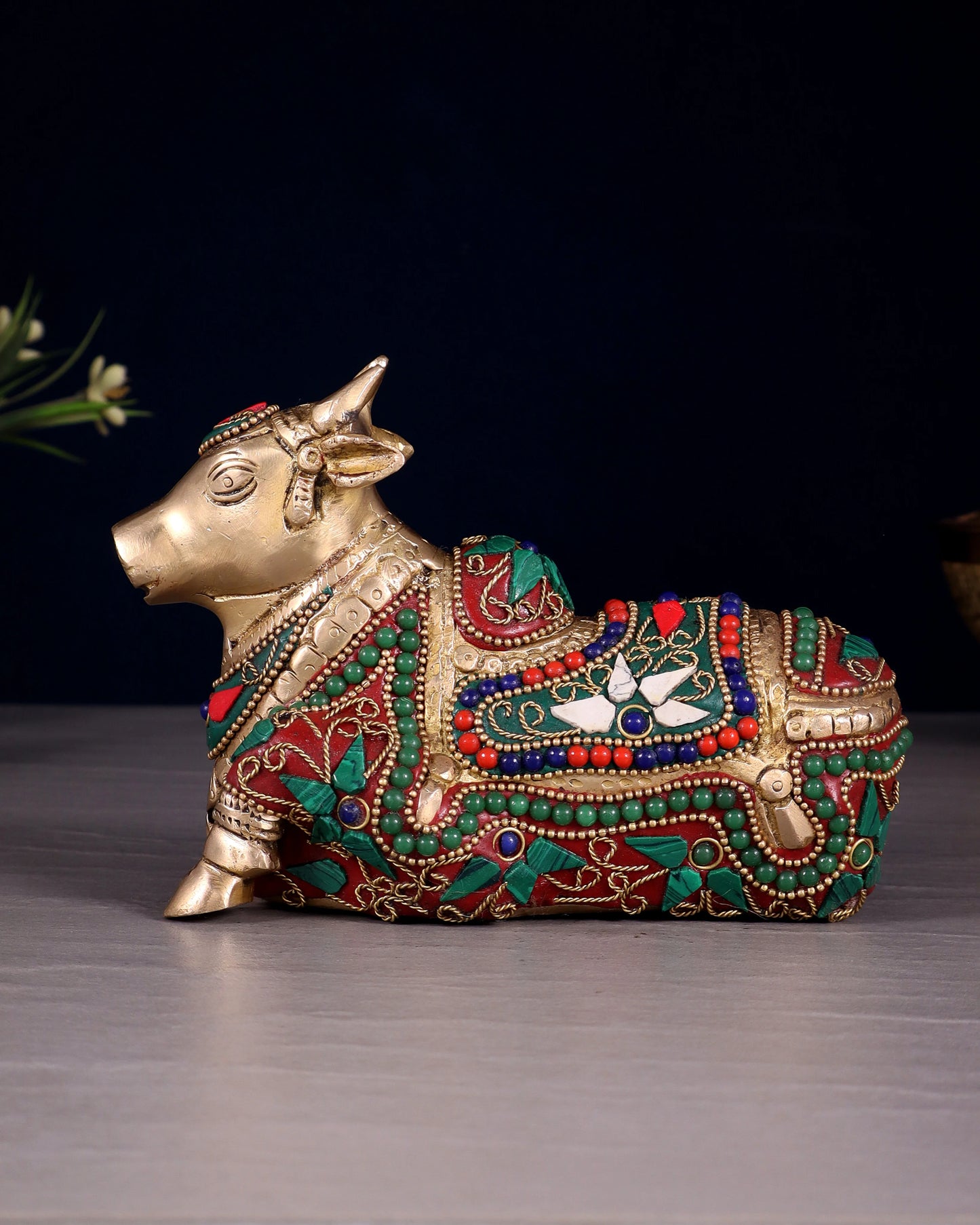 Brassaura™ Small Brass Nandi Idol with Floral Stonework – Height 4.5" & Weight 1.65 Kgs