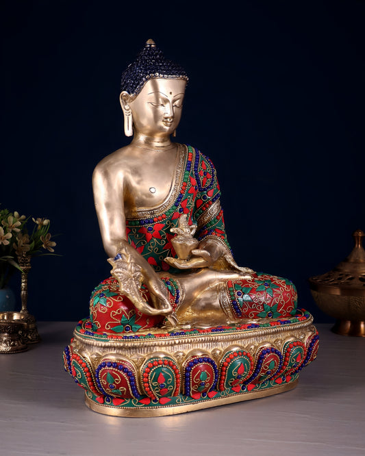 Brass Gem Stone Work Bhumisprasa Buddha Statue Weight 7.5 kg & Height 13.5 Inch