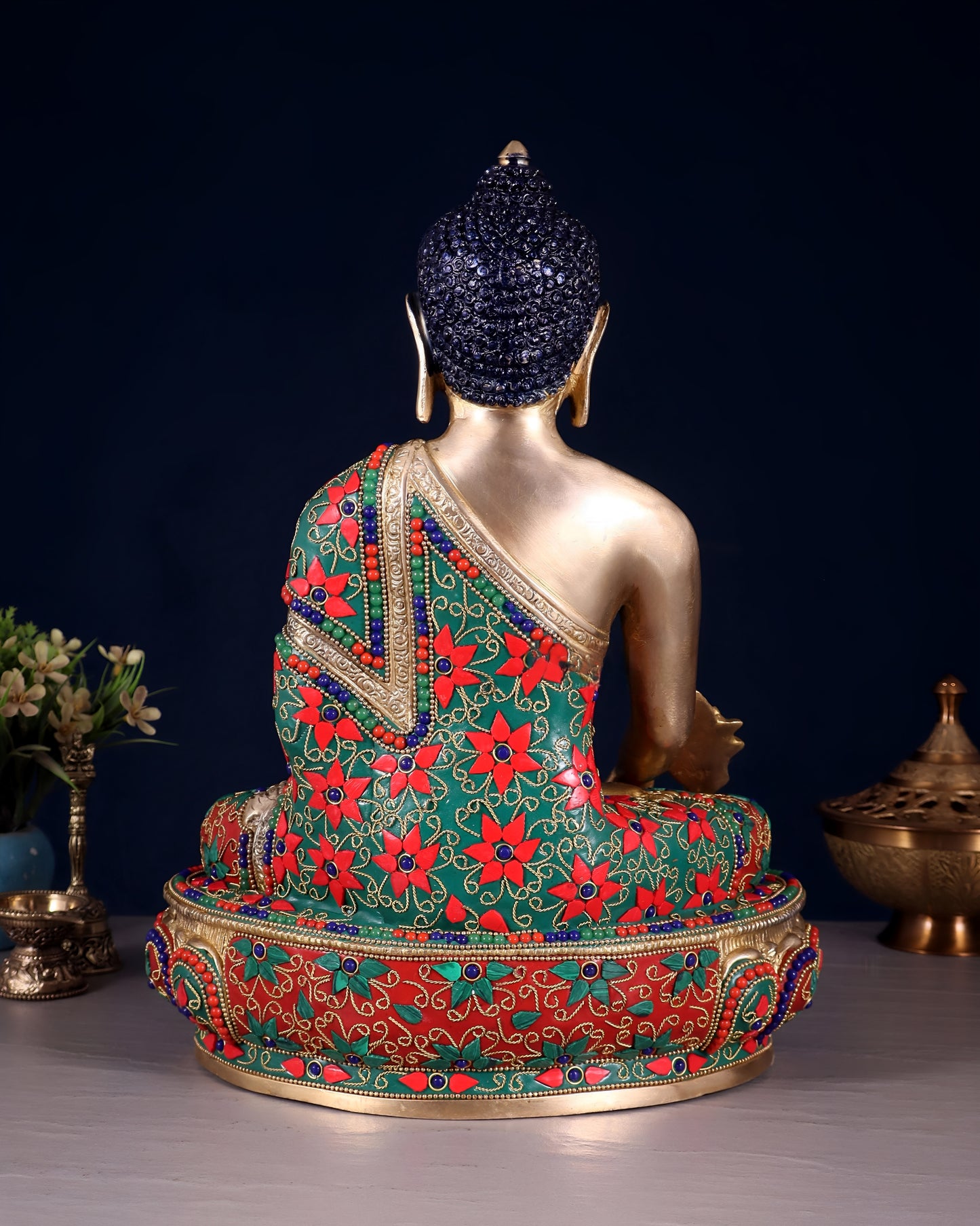 Brass Gem Stone Work Bhumisprasa Buddha Statue Weight 7.5 kg & Height 13.5 Inch