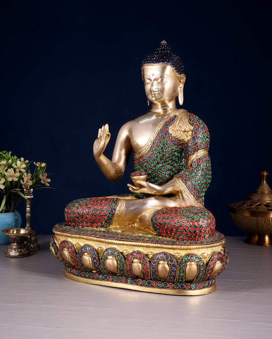 Brass Gem Stone Work Blessing Buddha Statue Weight 6.8 kg & Height 13.5 Inch
