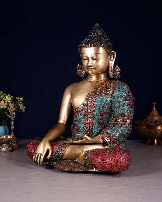 Brass Gem Stone Work Bhumisprasa Buddha Statue Weight 6.6 kg & Height 14 Inch
