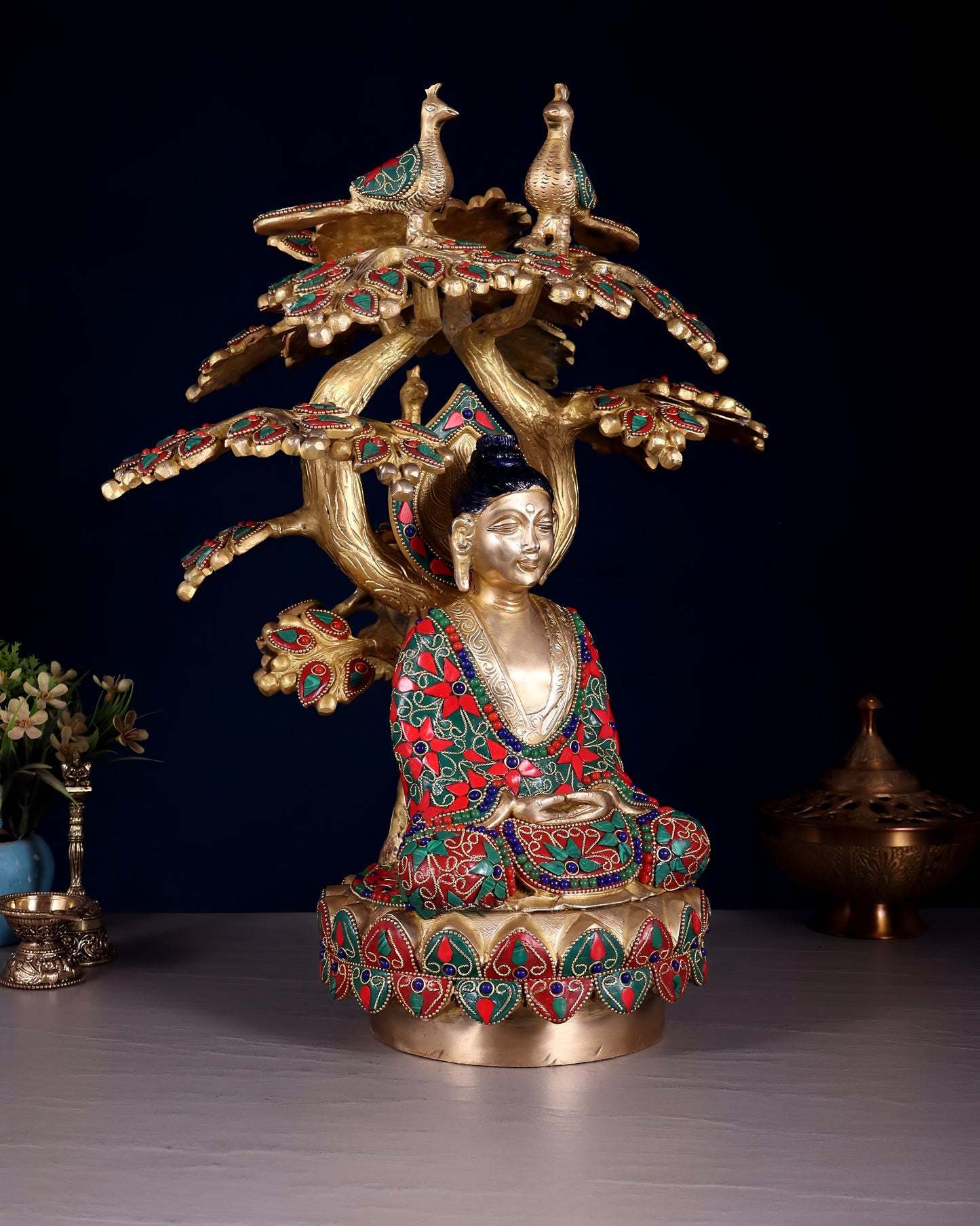 Brass Gem Stone Work Tree Bhumisprasa Buddha Statue Weight 10 kg & Height 14.5 Inch