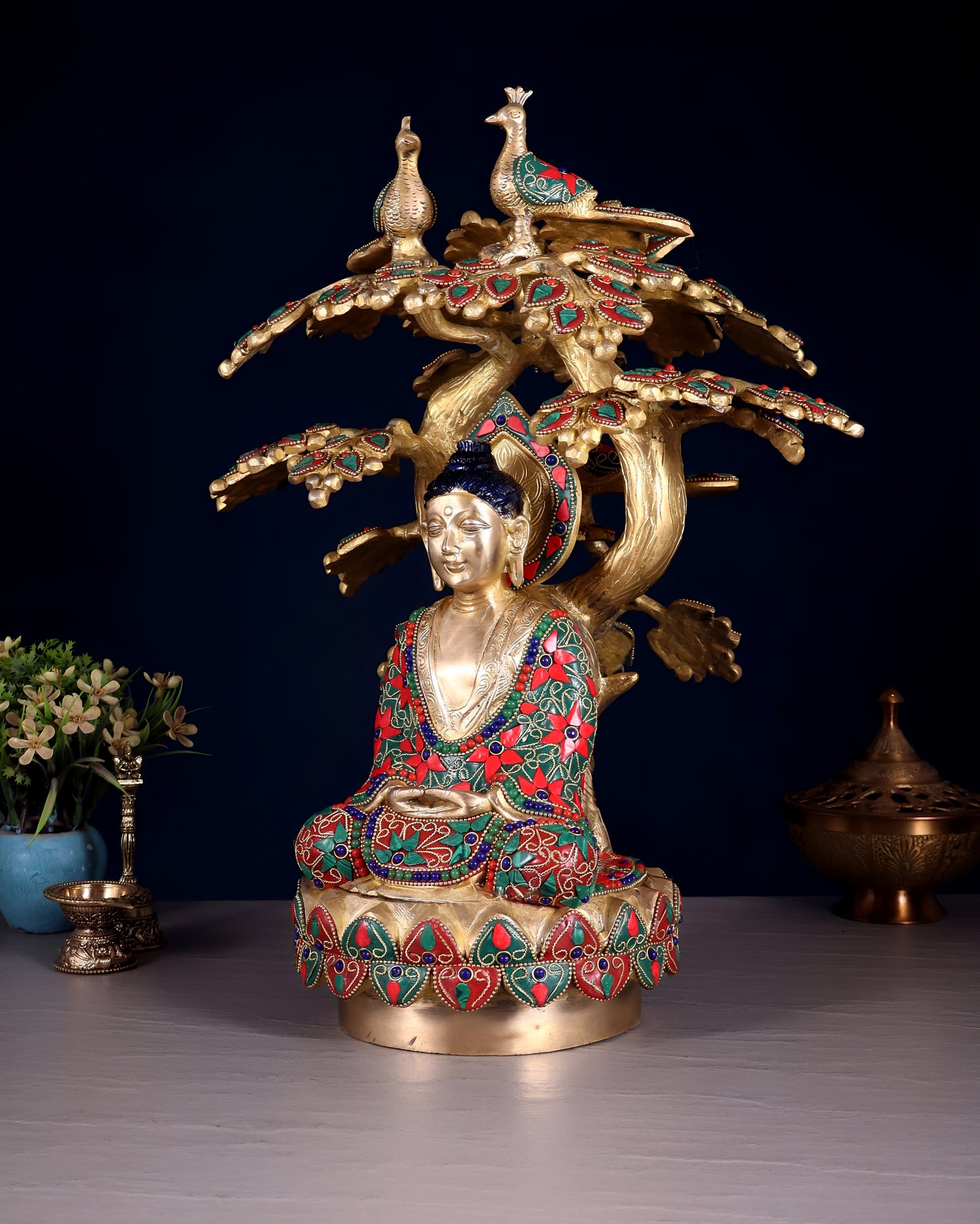 Brass Gem Stone Work Tree Bhumisprasa Buddha Statue Weight 10 kg & Height 14.5 Inch