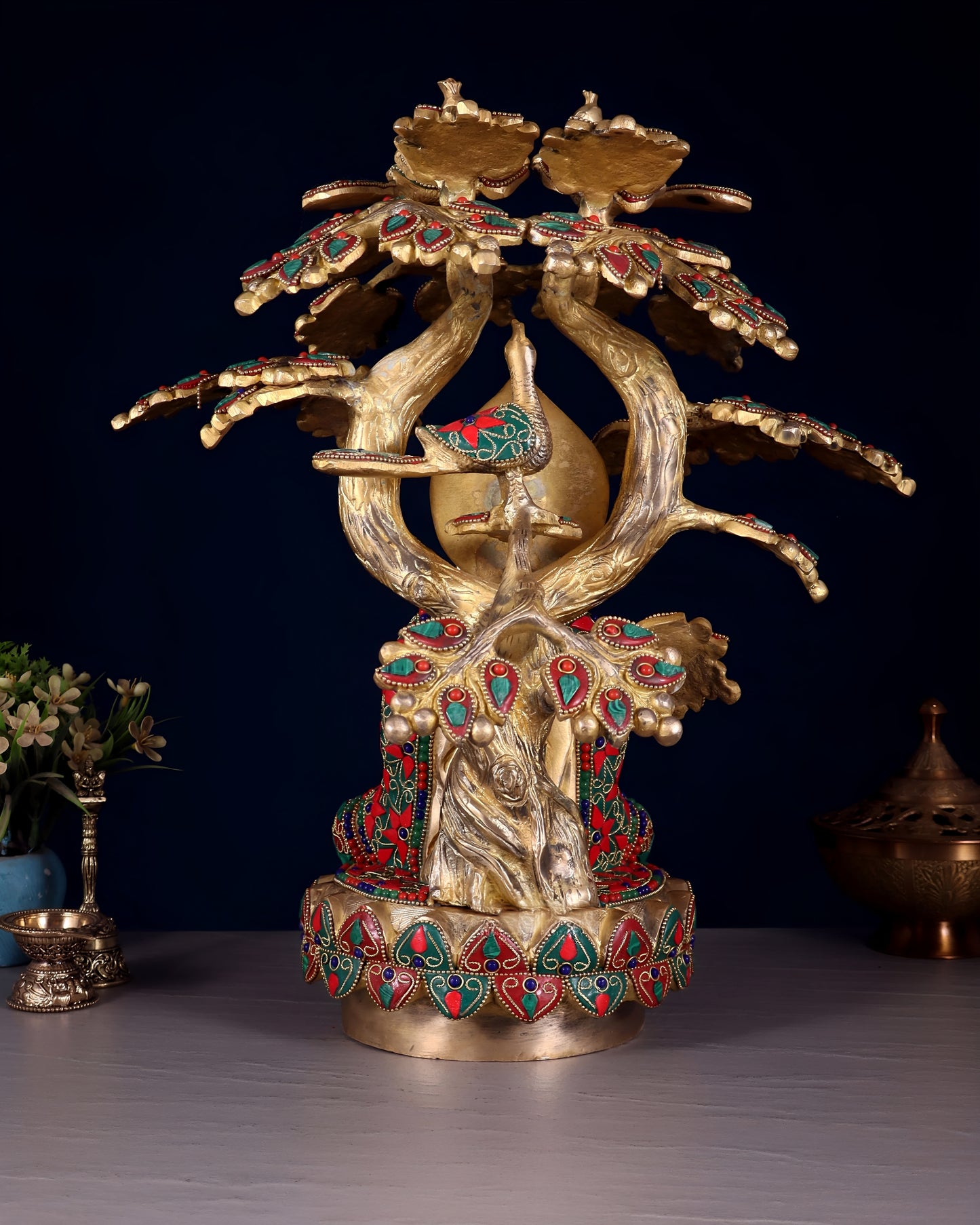 Brass Gem Stone Work Tree Bhumisprasa Buddha Statue Weight 10 kg & Height 14.5 Inch