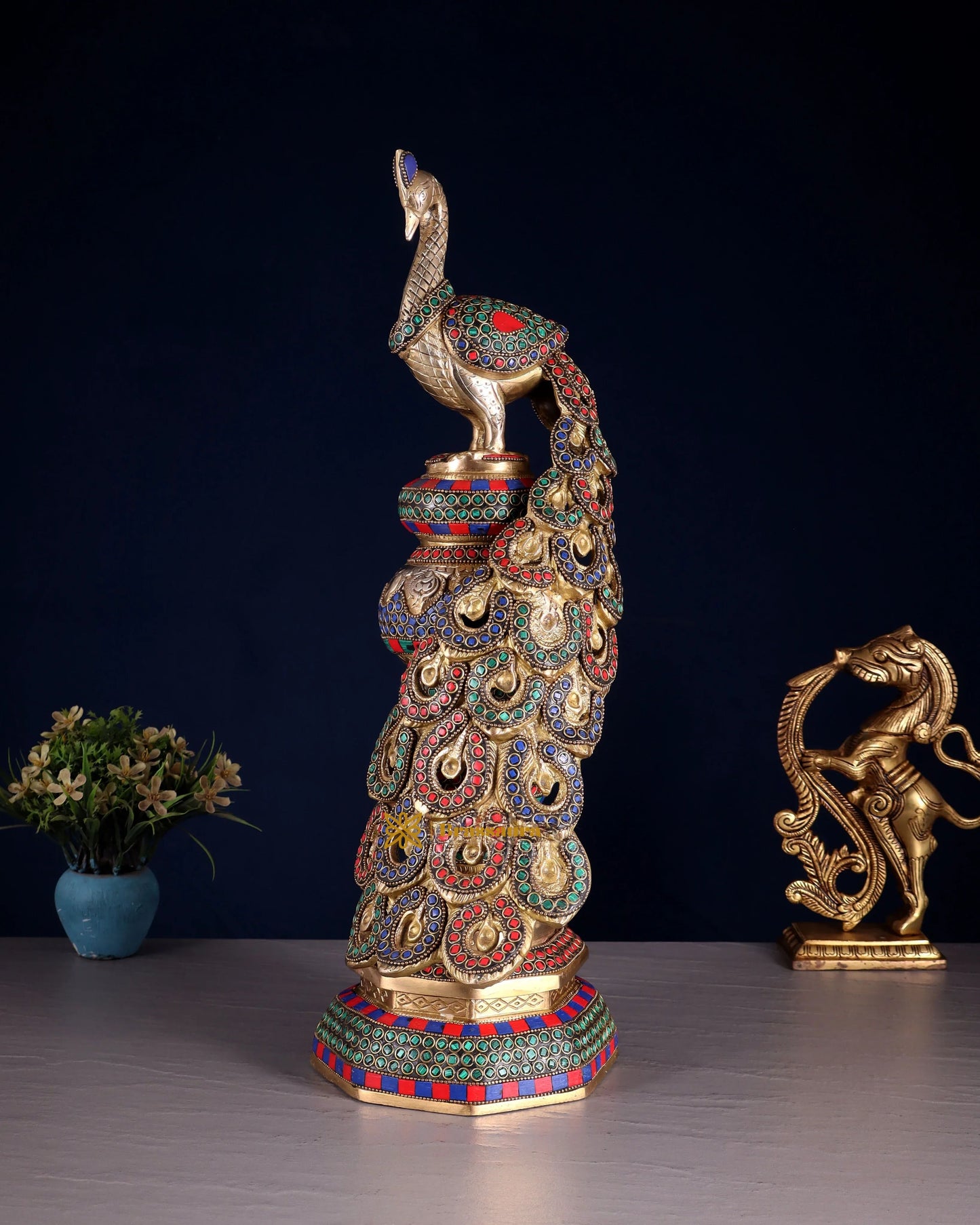 Brassaura™ Brass Large Peacock Showpiece with Meenakari Work – Height 20 Inches & Weight 8.5 Kgs