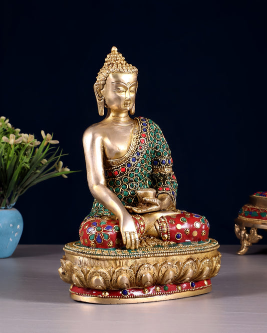 Brass Gem Stone Work Bhumisprasa Buddha Statue Weight 3 kg & Height 3.5 Inch