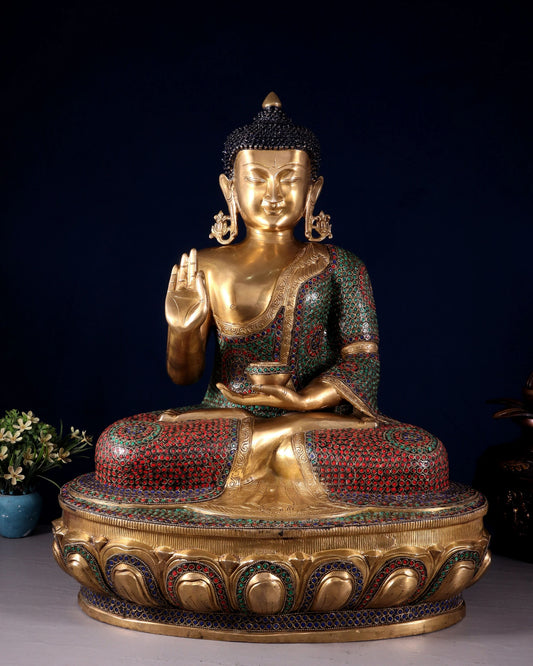 Brassaura® Brass Gem Stone Work Blessing Buddha Statue – Pure Superfine Brass Handcrafted Murti, Brass Statue for Home Temple, Pooja Room – 13.5 Inch, 27.4 Kg